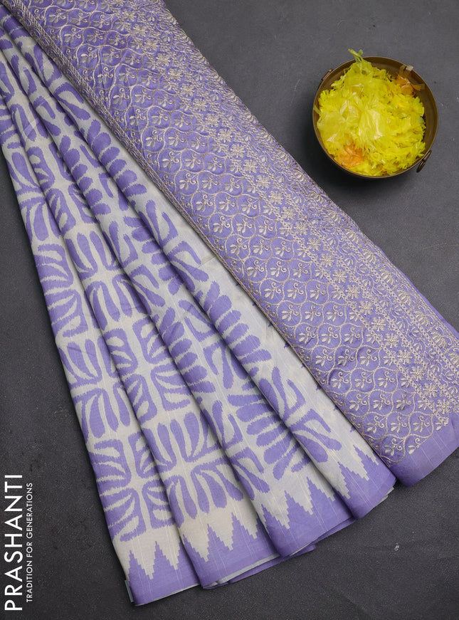 Art tussar saree cream and lavender with allover ikat prints and embroidery pallu