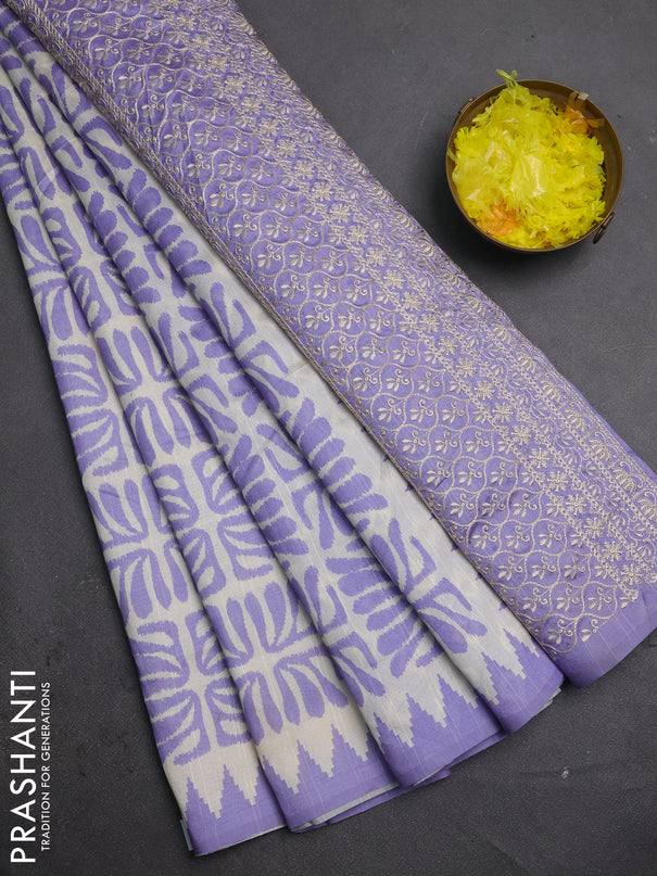 Art tussar saree cream and lavender with allover ikat prints and embroidery pallu