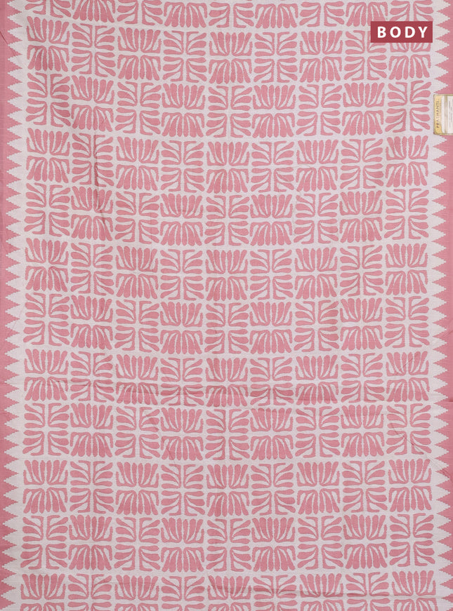 Art tussar saree cream and peach shade with allover ikat prints and embroidery pallu