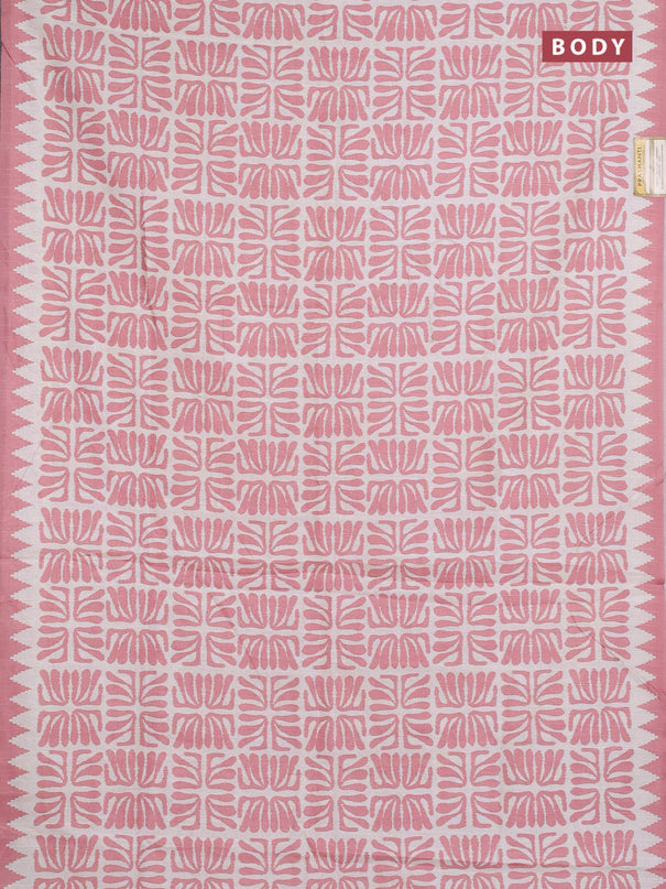 Art tussar saree cream and peach shade with allover ikat prints and embroidery pallu
