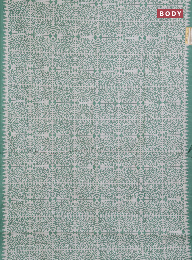 Art tussar saree cream and green with allover prints and embroidery pallu