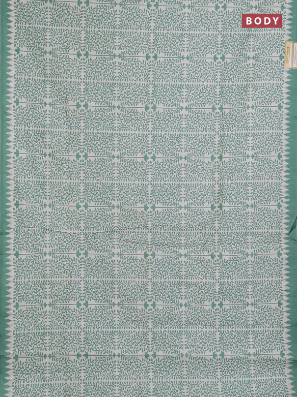 Art tussar saree cream and green with allover prints and embroidery pallu