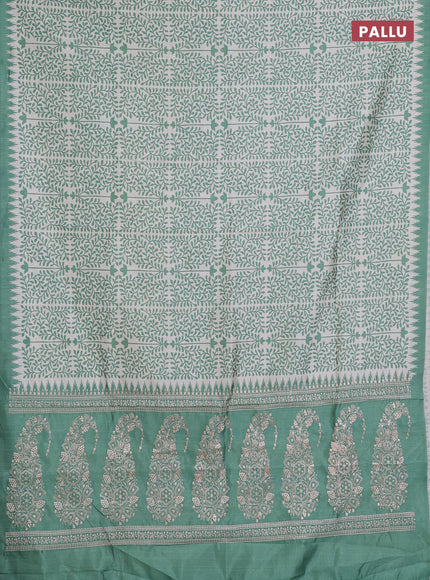 Art tussar saree cream and green with allover prints and embroidery pallu