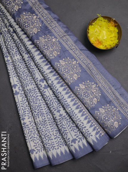 Art tussar saree cream and grey with allover prints and embroidery pallu