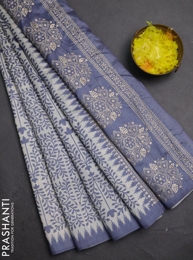 Art tussar saree cream and grey with allover prints and embroidery pallu