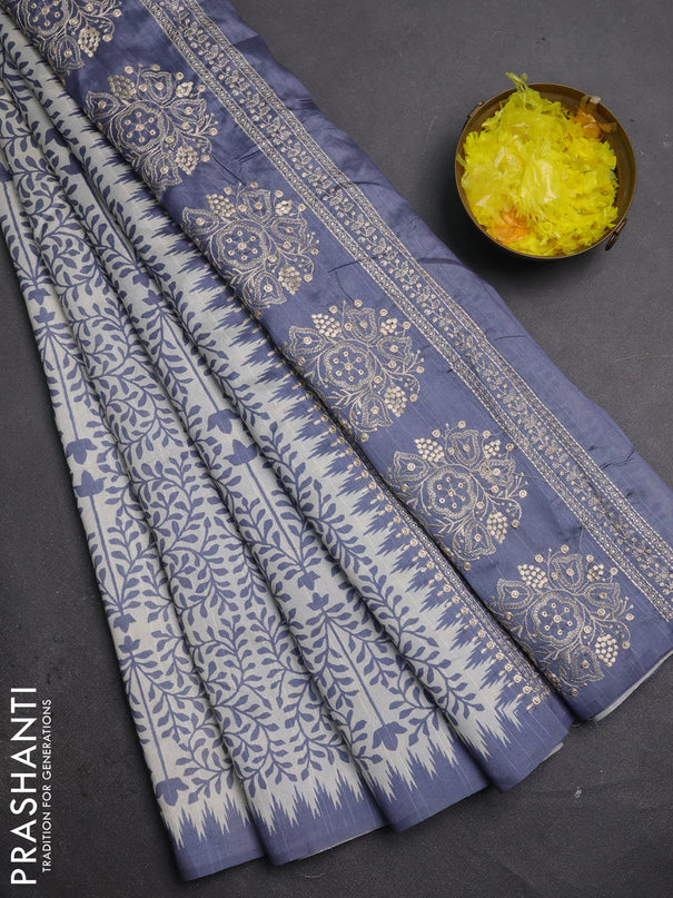 Art tussar saree cream and grey with allover prints and embroidery pallu