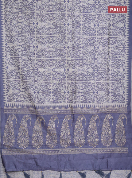 Art tussar saree cream and grey with allover prints and embroidery pallu