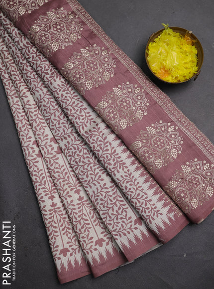 Art tussar saree cream and rosy brown with allover prints and embroidery pallu
