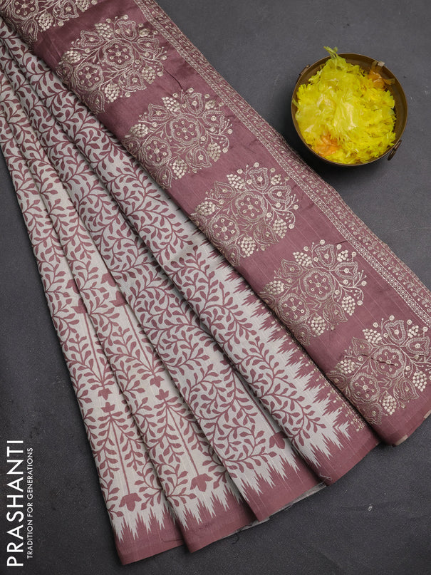 Art tussar saree cream and rosy brown with allover prints and embroidery pallu