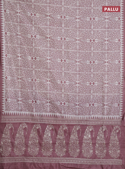 Art tussar saree cream and rosy brown with allover prints and embroidery pallu