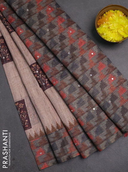 Linen cotton saree beige and grey with allover prints & mirror work and mirror work border