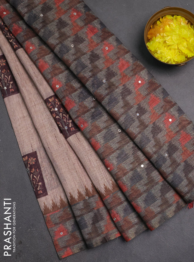 Linen cotton saree beige and grey with allover prints & mirror work and mirror work border