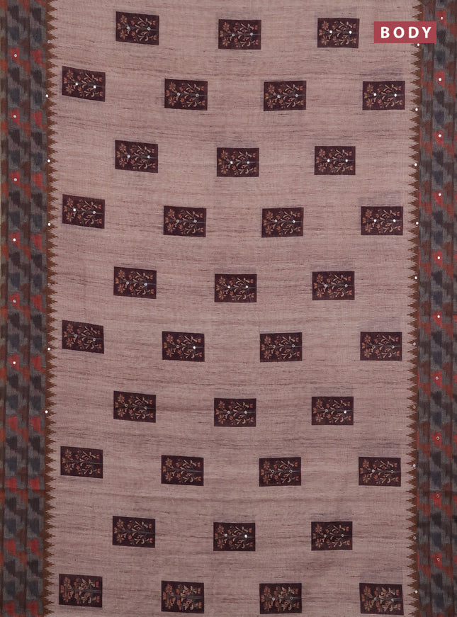 Linen cotton saree beige and grey with allover prints & mirror work and mirror work border