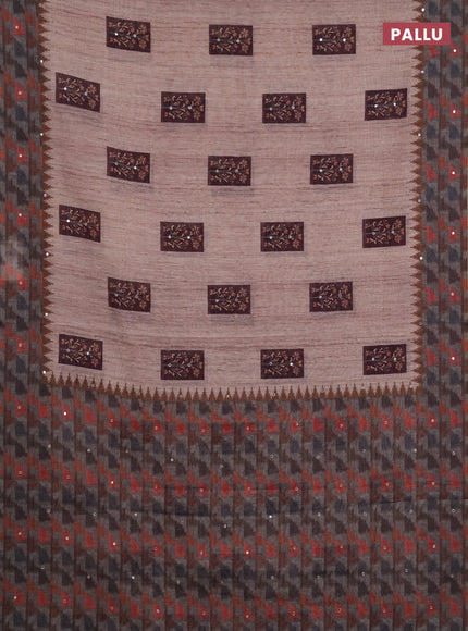 Linen cotton saree beige and grey with allover prints & mirror work and mirror work border