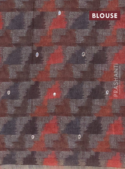 Linen cotton saree beige and grey with allover prints & mirror work and mirror work border