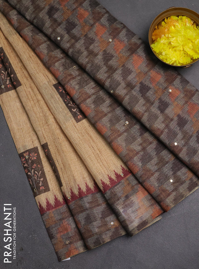 Linen cotton saree pale yellow and grey with allover prints & mirror work and mirror work border