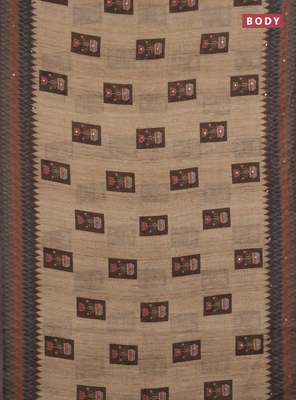 Linen cotton saree pale yellow and grey with allover prints & mirror work and mirror work border