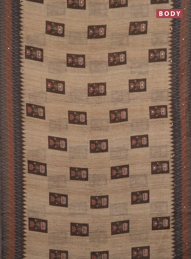 Linen cotton saree pale yellow and grey with allover prints & mirror work and mirror work border