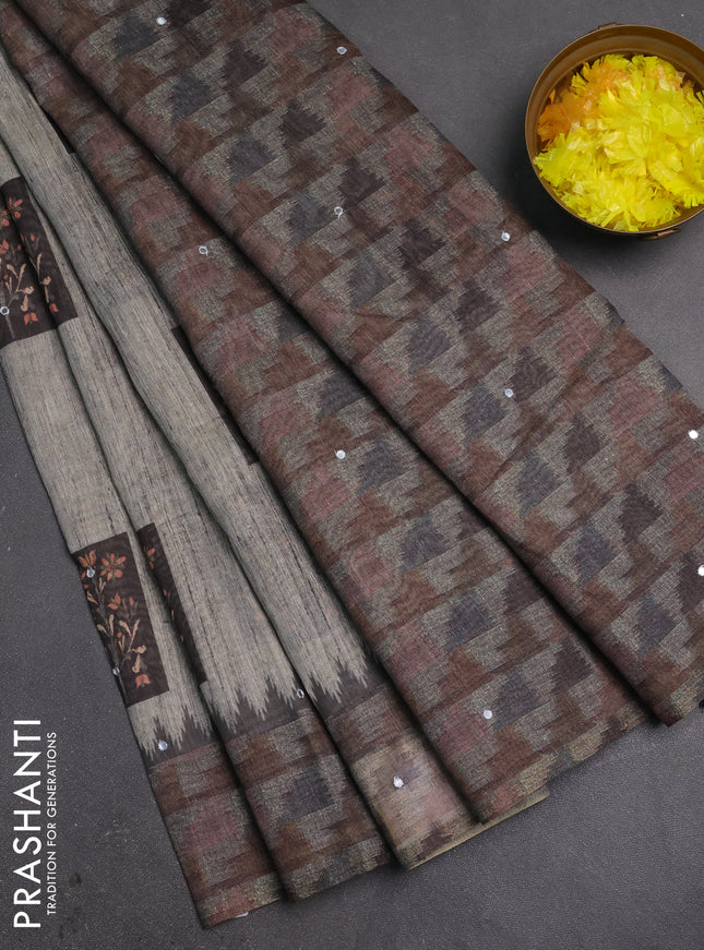 Linen cotton saree bluish grey and dark grey with allover prints & mirror work and mirror work border
