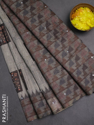 Linen cotton saree bluish grey and dark grey with allover prints & mirror work and mirror work border