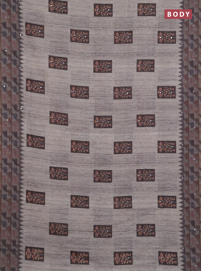 Linen cotton saree bluish grey and dark grey with allover prints & mirror work and mirror work border