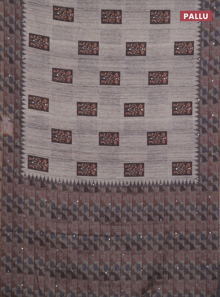 Linen cotton saree bluish grey and dark grey with allover prints & mirror work and mirror work border