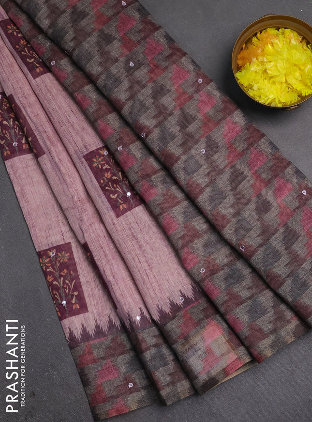 Linen cotton saree pastel pink and grey with allover prints & mirror work and mirror work border