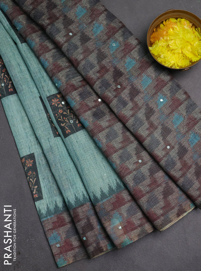 Linen cotton saree teal green and grey with allover prints & mirror work and mirror work border