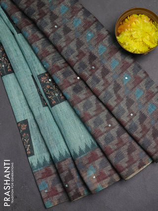 Linen cotton saree teal green and grey with allover prints & mirror work and mirror work border