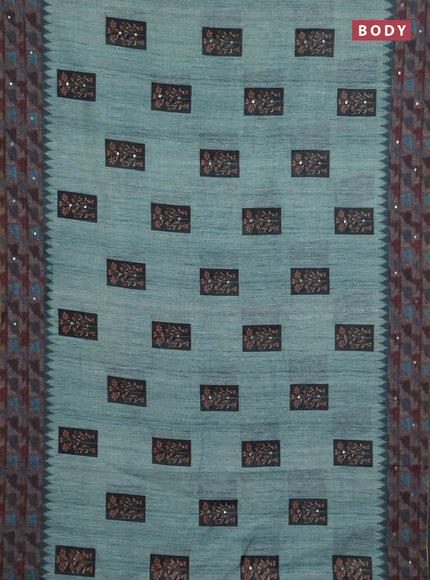 Linen cotton saree teal green and grey with allover prints & mirror work and mirror work border