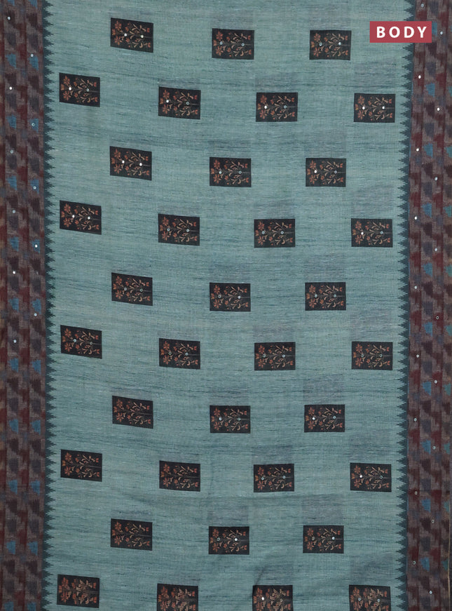 Linen cotton saree teal green and grey with allover prints & mirror work and mirror work border