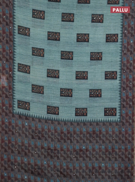Linen cotton saree teal green and grey with allover prints & mirror work and mirror work border