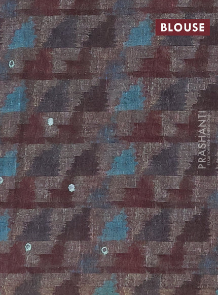 Linen cotton saree teal green and grey with allover prints & mirror work and mirror work border