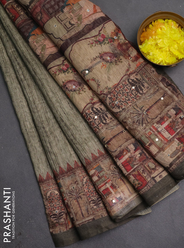 Linen cotton saree olive green with plain body and printed mirror work border