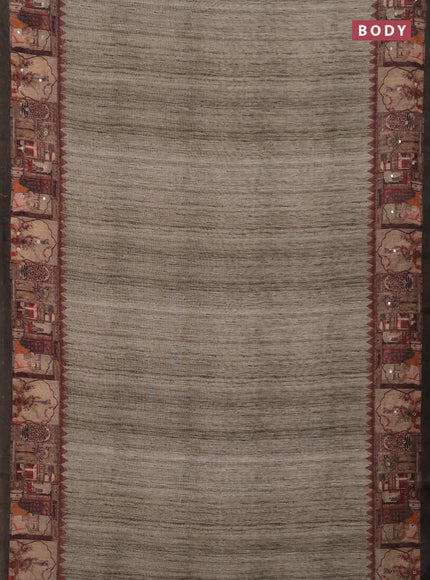 Linen cotton saree olive green with plain body and printed mirror work border