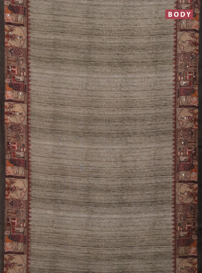 Linen cotton saree olive green with plain body and printed mirror work border