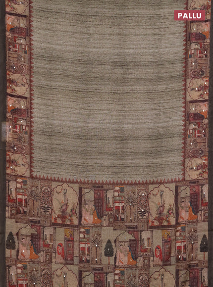 Linen cotton saree olive green with plain body and printed mirror work border