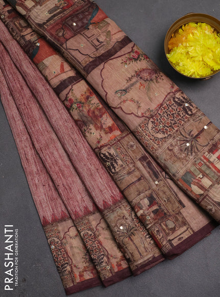 Linen cotton saree pastel maroon and wine shade with plain body and printed mirror work border