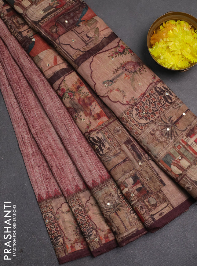 Linen cotton saree pastel maroon and wine shade with plain body and printed mirror work border
