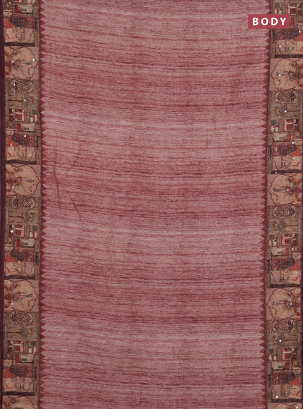 Linen cotton saree pastel maroon and wine shade with plain body and printed mirror work border