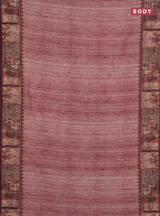 Linen cotton saree pastel maroon and wine shade with plain body and printed mirror work border