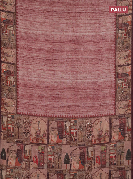Linen cotton saree pastel maroon and wine shade with plain body and printed mirror work border