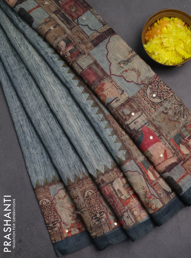 Linen cotton saree pastel blue and peacock blue with plain body and printed mirror work border