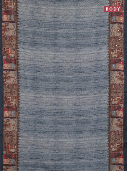 Linen cotton saree pastel blue and peacock blue with plain body and printed mirror work border