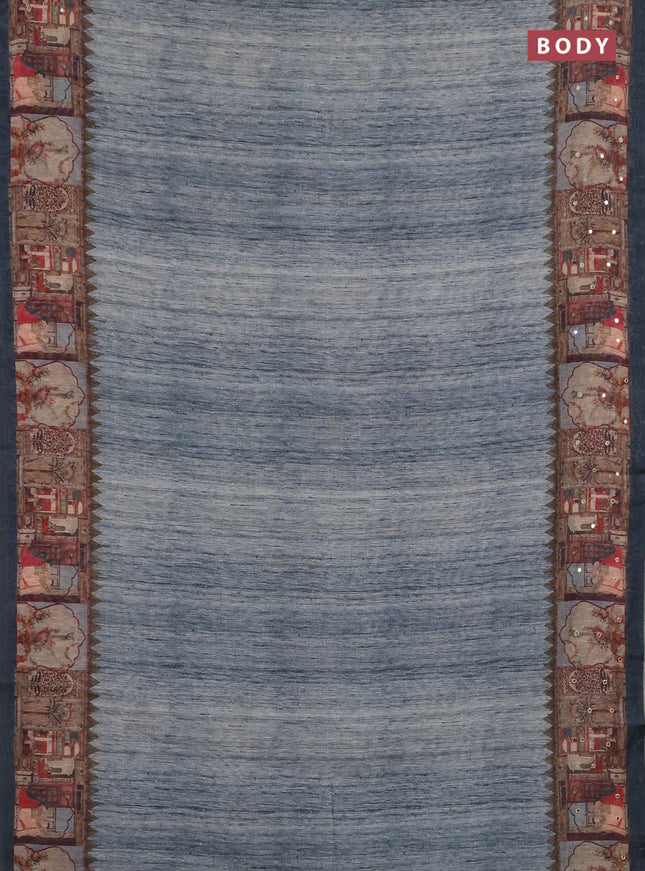 Linen cotton saree pastel blue and peacock blue with plain body and printed mirror work border