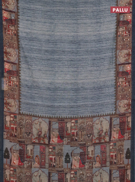 Linen cotton saree pastel blue and peacock blue with plain body and printed mirror work border