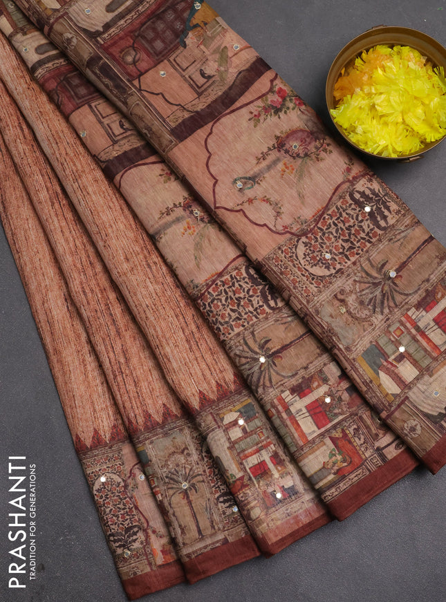 Linen cotton saree rust shade and coffee brown with plain body and printed mirror work border