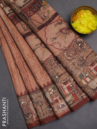 Linen cotton saree rust shade and coffee brown with plain body and printed mirror work border