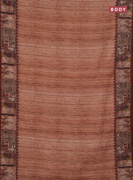 Linen cotton saree rust shade and coffee brown with plain body and printed mirror work border