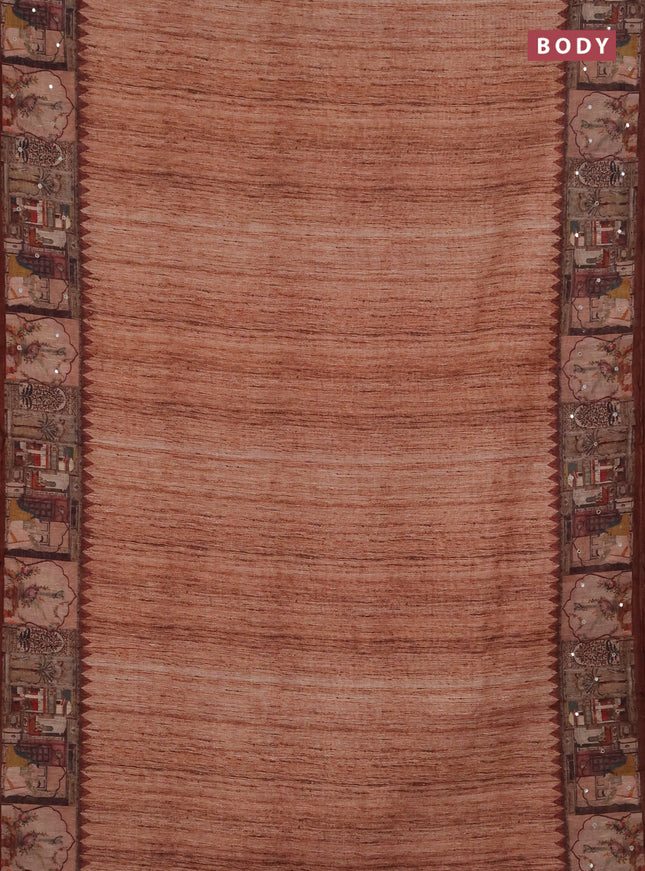 Linen cotton saree rust shade and coffee brown with plain body and printed mirror work border